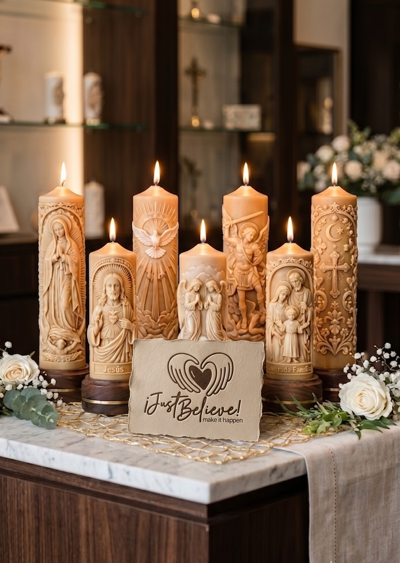 Just Believe — velones tallados artesanalmente con identidad de marca por Cloud Design